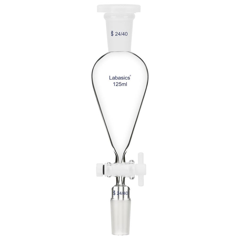 Labasics 125 ml Conical Pear-Shaped Separatory Funnel with PTFE Stopcock, Heavy Wall Borosilicate Glass with 24/40 Joints - Image 1